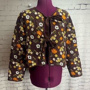 Storia size large quilted jacket brown floral print tie front